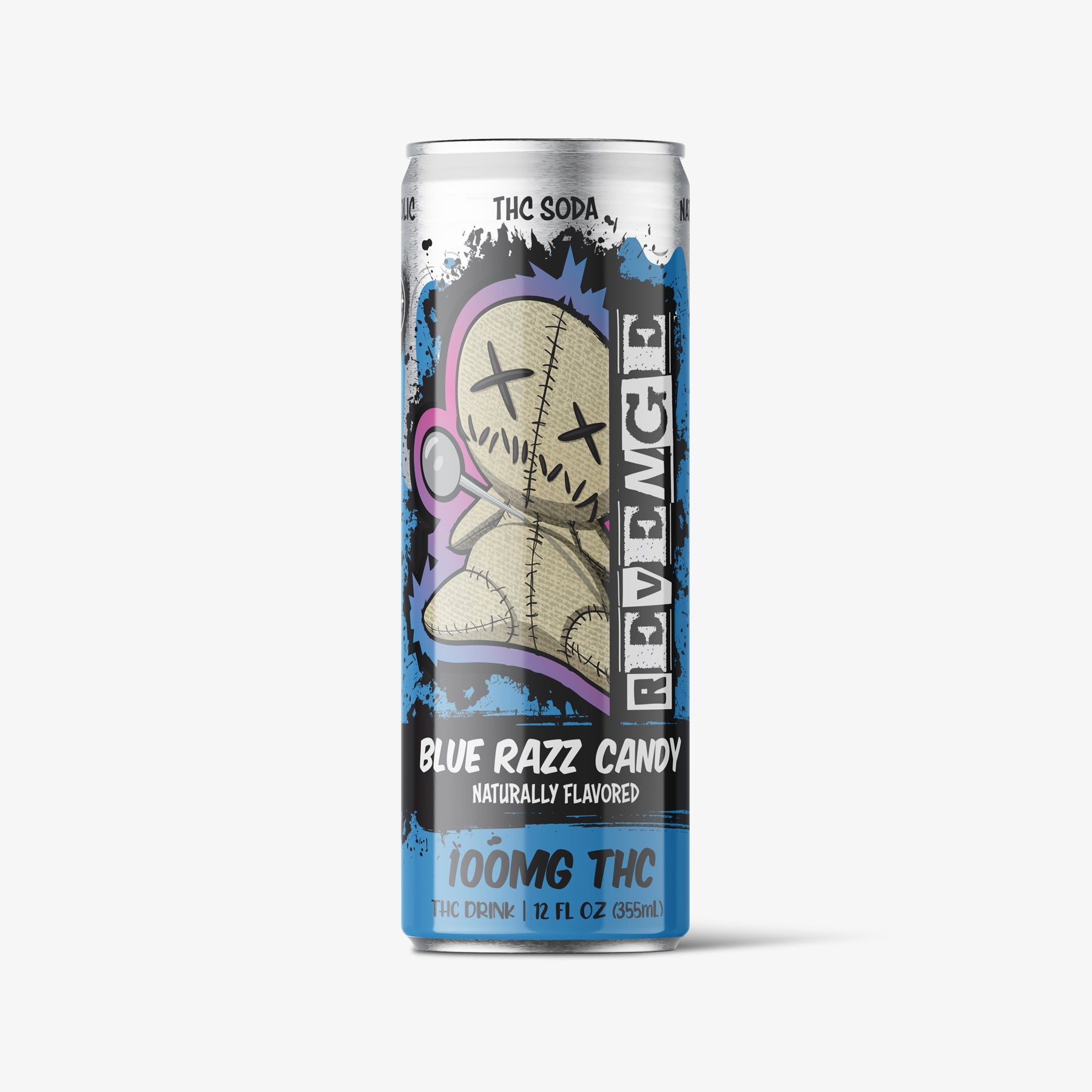 Revenge Blue Razz Candy THC soda can on a white background