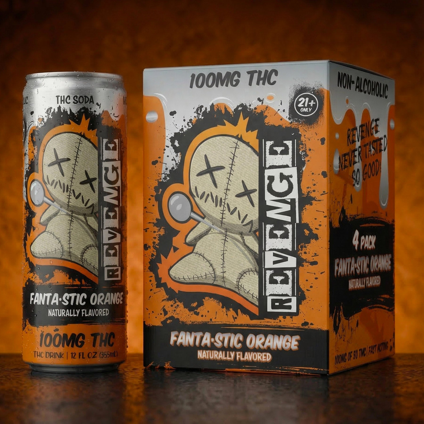 Revenge THC soda can and packaging with a dark background