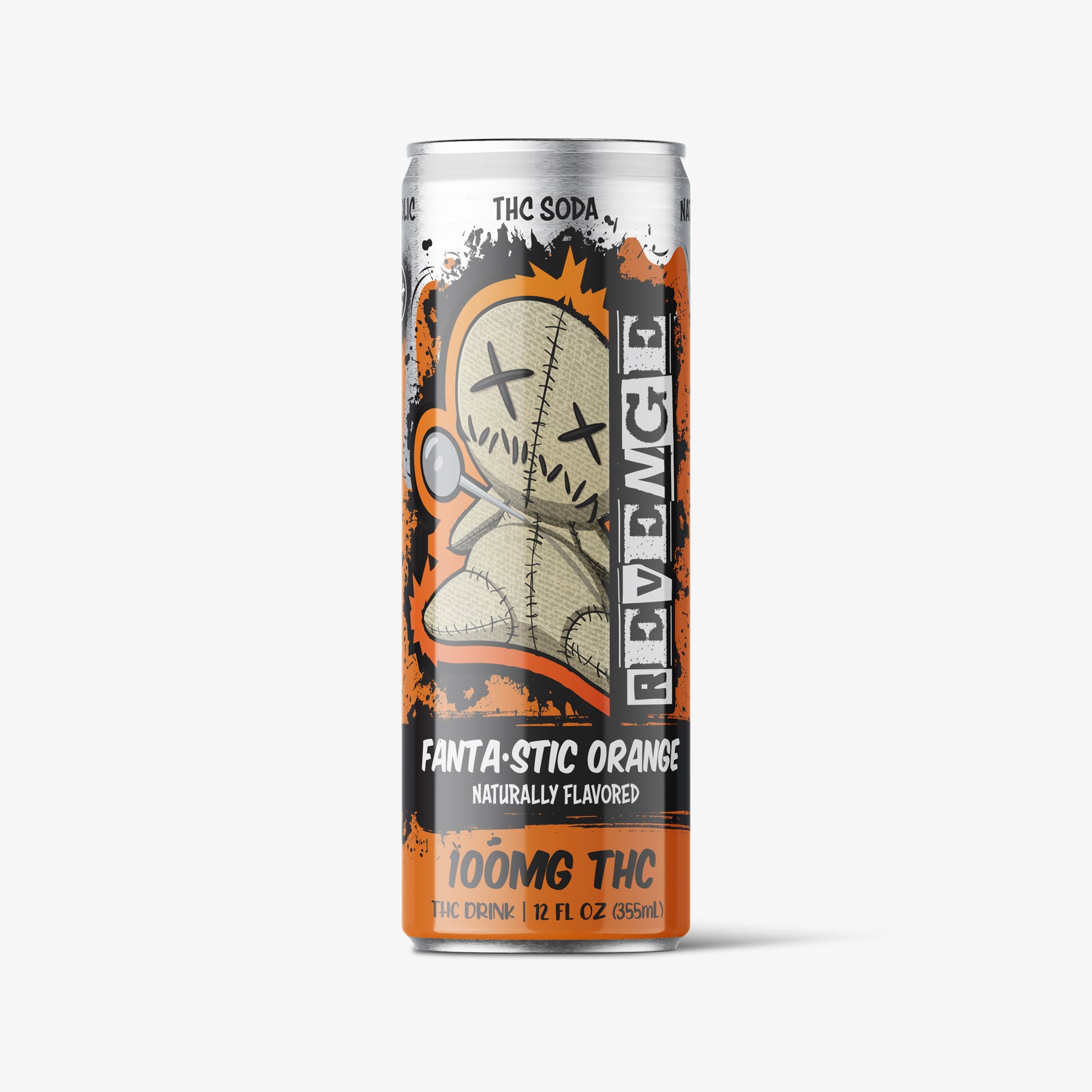 Revenge THC soda can with graphic design on a white background